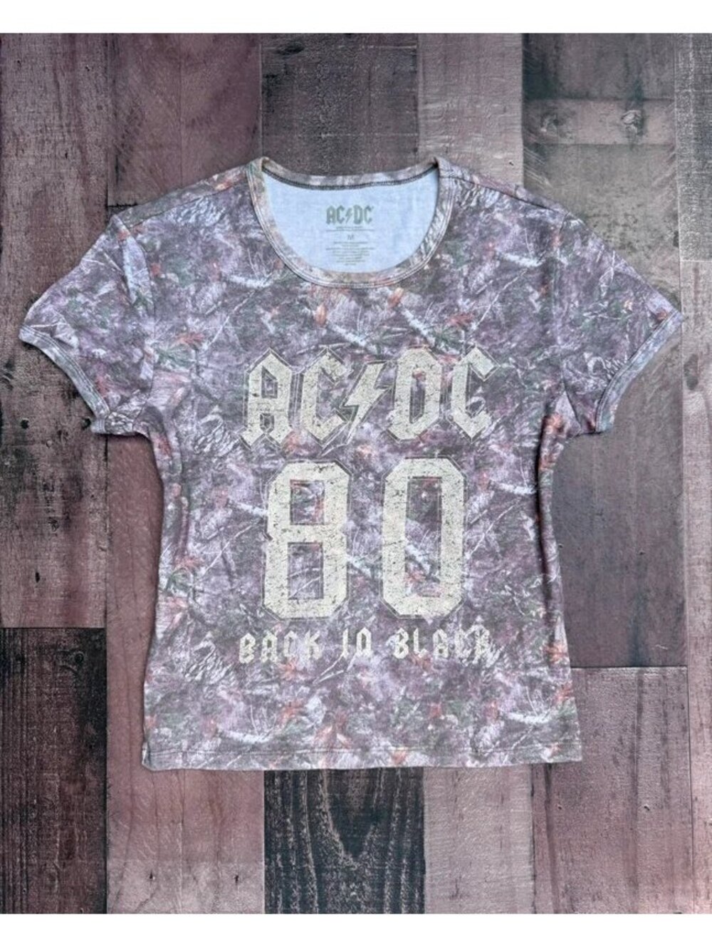 AC/DC Camouflage Rock & Roll Women’s Cropped Tee Size M